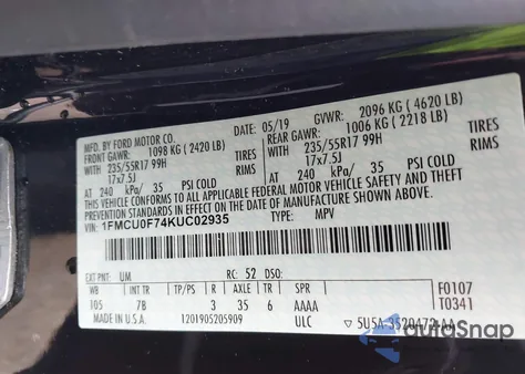 2019 Ford Escape S из США, поврежденный, VIN 1FMCU0F74KUC02935